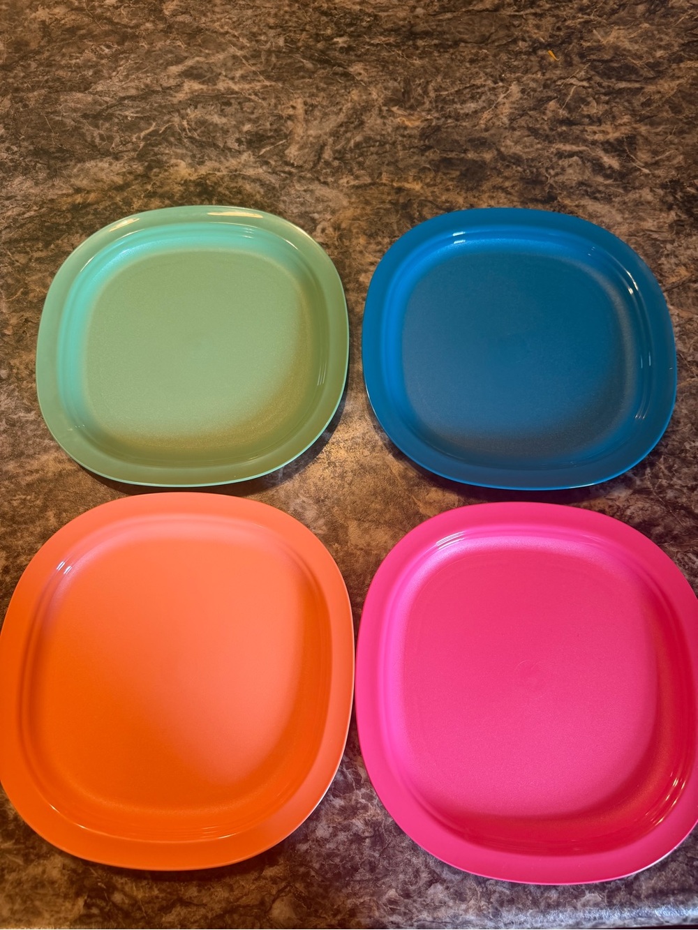 Tupperware Bright Square Dinner Plates in Green, Blue, Orange & Pink